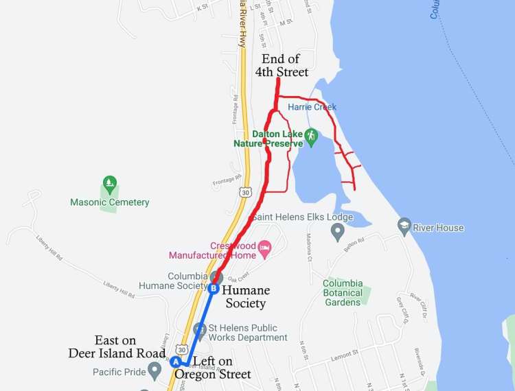 Dalton Lake Nature Park directions map St. Helens Oregon columbia county