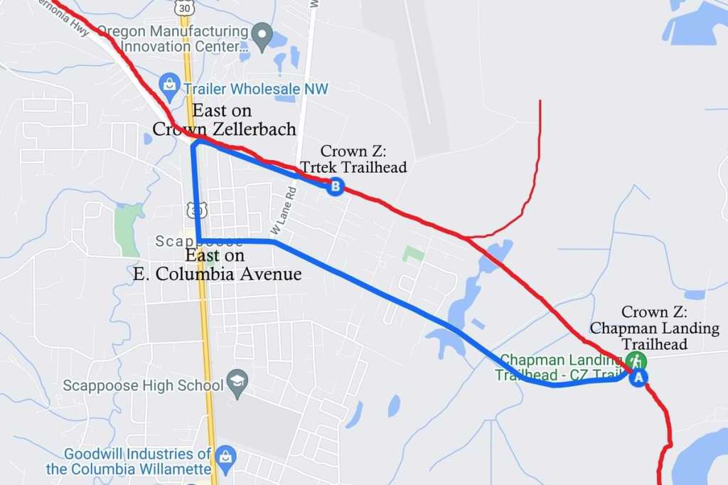 Trtek trailhead directions CZ Scappoose Chapman Landing Crown Zellerbach Trailhead