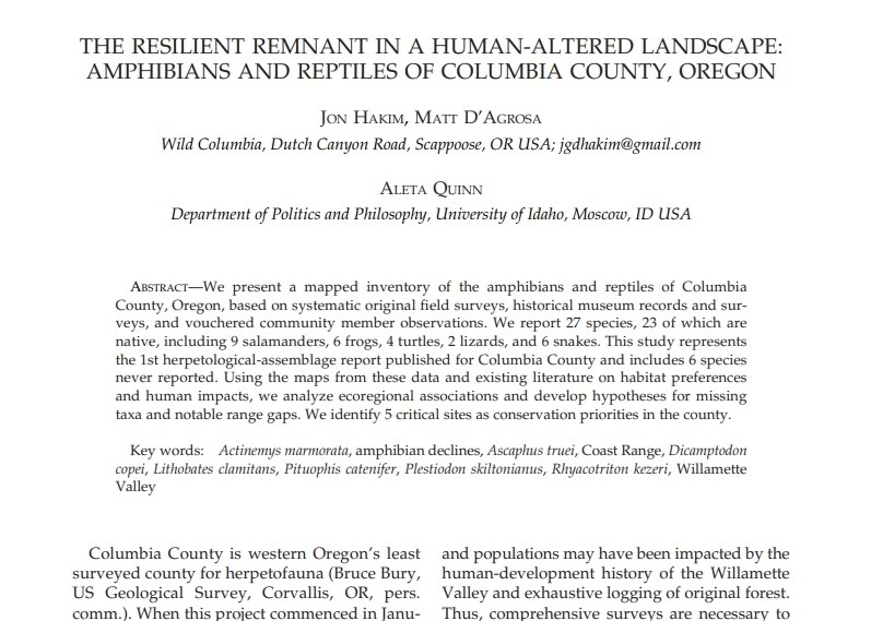 THE RESILIENT REMNANT IN A HUMAN-ALTERED LANDSCAPE: AMPHIBIANS AND REPTILES OF COLUMBIA COUNTY, OREGON